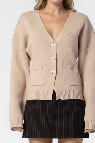 BEIGE KNITTED V-NECK CARDIGAN SWEATER
