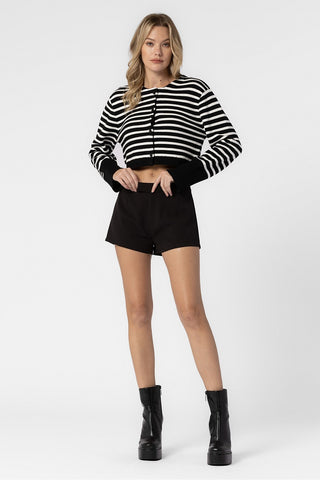 BLACK AND WHITE KNITTED STRIPED BUTTON DOWN SWEATER JACKET