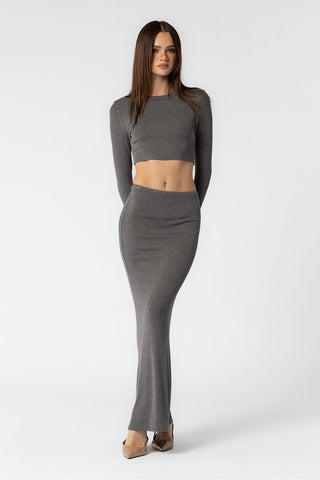GREY KNIT RIBBED CROPPED TOP AND LONG SKIRT SET