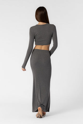 GREY KNIT RIBBED CROPPED TOP AND LONG SKIRT SET