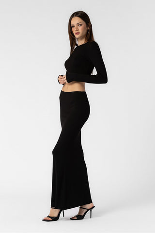 BLACK KNIT RIBBED CROPPED TOP AND LONG SKIRT SET
