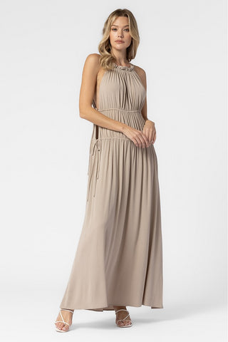TAUPE WOVEN RUFFLE HALTER MAXI DRESS WITH SIDE RIBBON