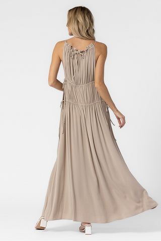 TAUPE WOVEN RUFFLE HALTER MAXI DRESS WITH SIDE RIBBON