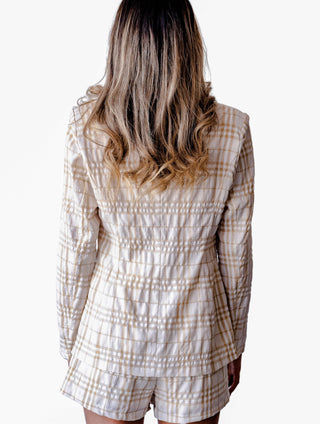 Cream Plaid Blazer with flap pockets. Wrinkled style fabric blazer has double button closure 