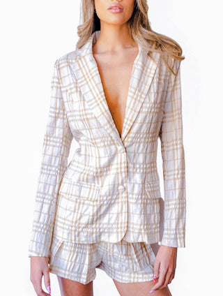Cream Plaid Blazer with flap pockets. Wrinkled style fabric blazer has double button closure 