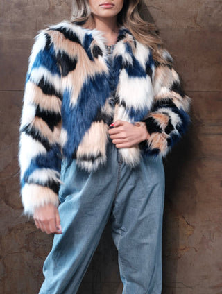 Faux Fur Jacket has opened front with fully lined .Cropped jacket