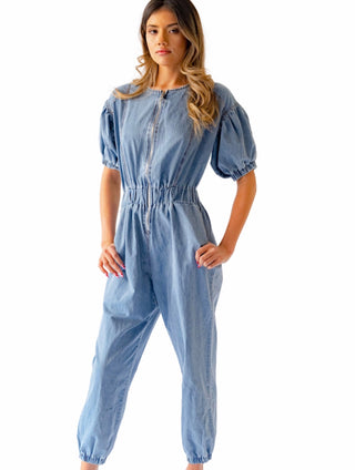 Denim One piece jumpsuit with front long zipper, puff short sleeve onesie .Casual relaxed fit pullover 
