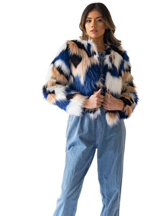 Faux Fur Jacket has opened front with fully lined .Cropped jacket 