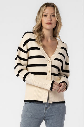 CREAM AND BLACK OVERSIZED KNITTED STRIPED BUTTON DOWN CARDIGAN