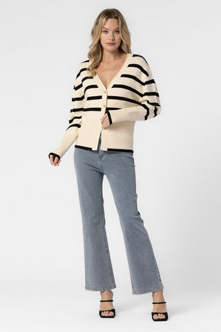 CREAM AND BLACK OVERSIZED KNITTED STRIPED BUTTON DOWN CARDIGAN