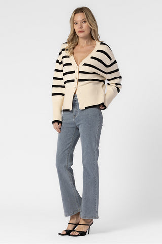 CREAM AND BLACK OVERSIZED KNITTED STRIPED BUTTON DOWN CARDIGAN