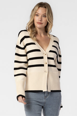 CREAM AND BLACK OVERSIZED KNITTED STRIPED BUTTON DOWN CARDIGAN