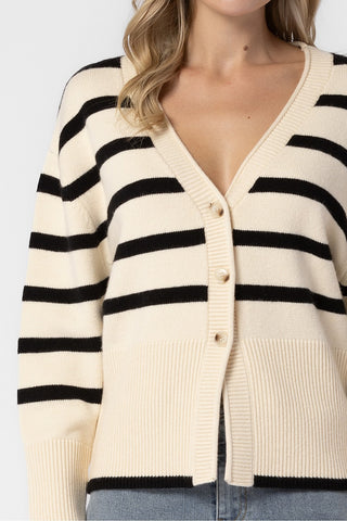 CREAM AND BLACK OVERSIZED KNITTED STRIPED BUTTON DOWN CARDIGAN