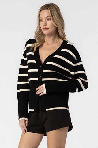 BLACK AND CREAM OVERSIZED KNITTED STRIPED BUTTON DOWN CARDIGAN