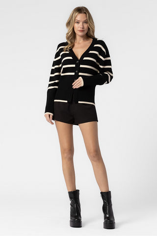 BLACK AND CREAM OVERSIZED KNITTED STRIPED BUTTON DOWN CARDIGAN