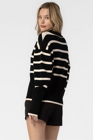 BLACK AND CREAM OVERSIZED KNITTED STRIPED BUTTON DOWN CARDIGAN