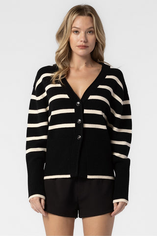 BLACK AND CREAM OVERSIZED KNITTED STRIPED BUTTON DOWN CARDIGAN