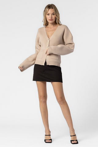 BEIGE KNITTED V-NECK CARDIGAN SWEATER