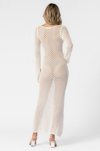 OFF WHITE CROCHET LONG SLEEVE MIDI DRESS