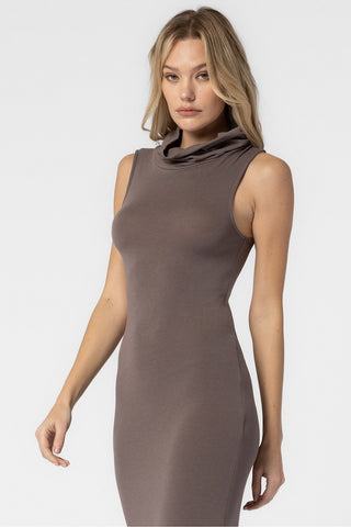 GREY KNIT WIDE COWL TURTLENECK SLEEVELESS LONG DRESS