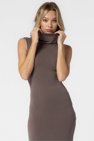 GREY KNIT WIDE COWL TURTLENECK SLEEVELESS LONG DRESS