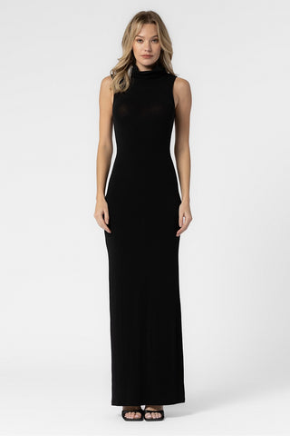 BLACK KNIT WIDE COWL TURTLENECK SLEEVELESS LONG DRESS