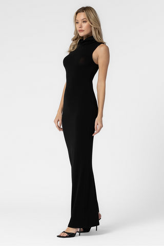 BLACK KNIT WIDE COWL TURTLENECK SLEEVELESS LONG DRESS