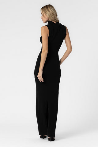 BLACK KNIT WIDE COWL TURTLENECK SLEEVELESS LONG DRESS