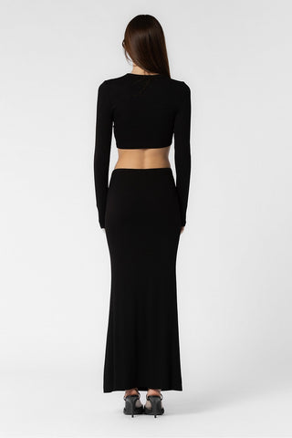 BLACK KNIT RIBBED CROPPED TOP AND LONG SKIRT SET