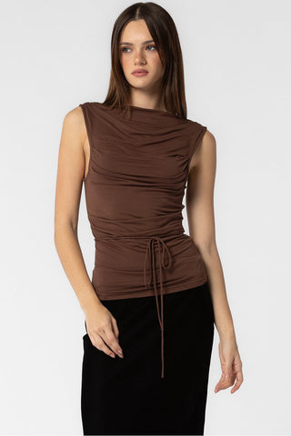 DARK BROWN KNIT COTTON PLEATED COWL NECK TANK TOP