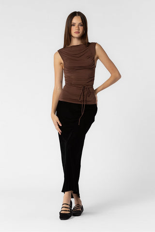 DARK BROWN KNIT COTTON PLEATED COWL NECK TANK TOP