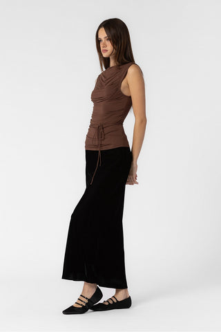 DARK BROWN KNIT COTTON PLEATED COWL NECK TANK TOP