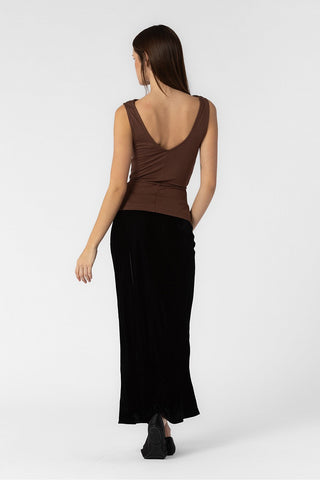 DARK BROWN KNIT COTTON PLEATED COWL NECK TANK TOP