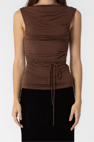 DARK BROWN KNIT COTTON PLEATED COWL NECK TANK TOP