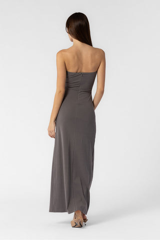 GREY KNIT U WIRE TRIM LONG STRAPLESS TUBE DRESS