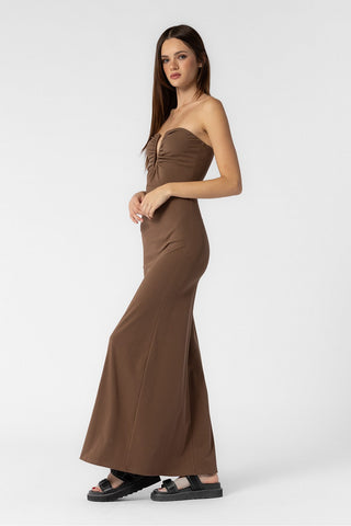 Brown Knit U Wire Trim Long Strapless Tube Dress