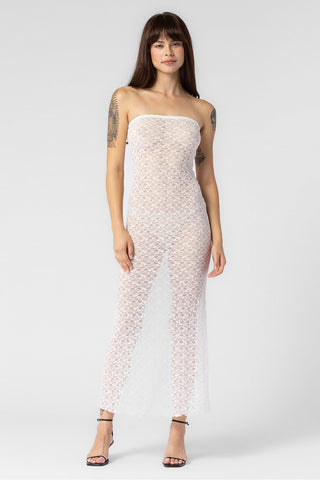 OFF WHITE KNIT TEXTURED LACE STRAPLESS DRESS