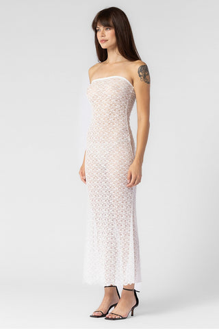 OFF WHITE KNIT TEXTURED LACE STRAPLESS DRESS