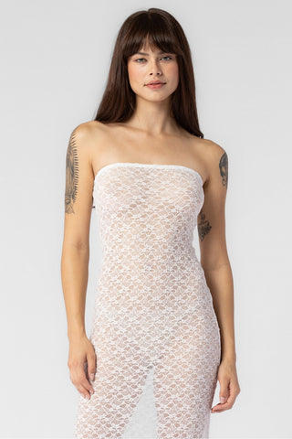 OFF WHITE KNIT TEXTURED LACE STRAPLESS DRESS