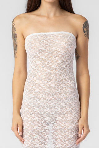 OFF WHITE KNIT TEXTURED LACE STRAPLESS DRESS