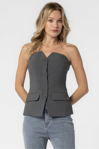 GREY WOVEN BUTTON DOWN STRAPLESS TUBE TOP