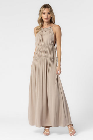 TAUPE WOVEN RUFFLE HALTER MAXI DRESS WITH SIDE RIBBON