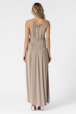 TAUPE WOVEN RUFFLE HALTER MAXI DRESS WITH SIDE RIBBON