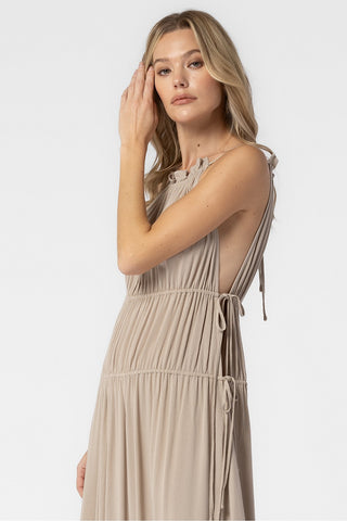 TAUPE WOVEN RUFFLE HALTER MAXI DRESS WITH SIDE RIBBON