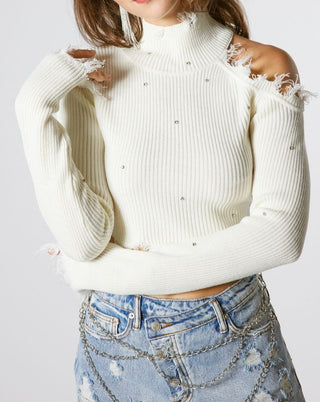 WHITE OPEN SHOULDER CROPPED SWEATER WITH STONES