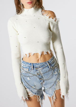 WHITE OPEN SHOULDER CROPPED SWEATER WITH STONES