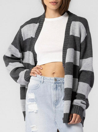 Grey Oversized Knitted Striped Cardigan