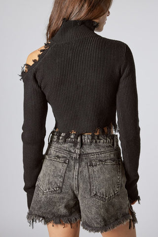 BLACK OPEN SHOULDER CROPPED SWEATER WITH STONES