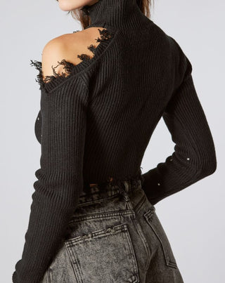 BLACK OPEN SHOULDER CROPPED SWEATER WITH STONES