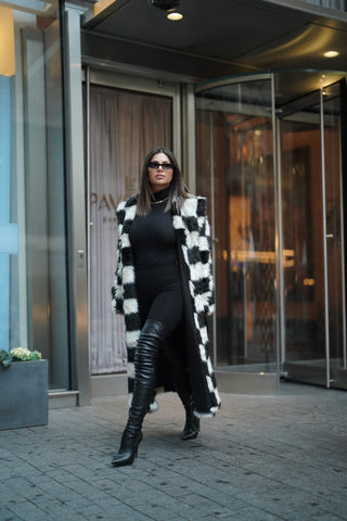 Black And White Checker Faux Fur Long Coat
